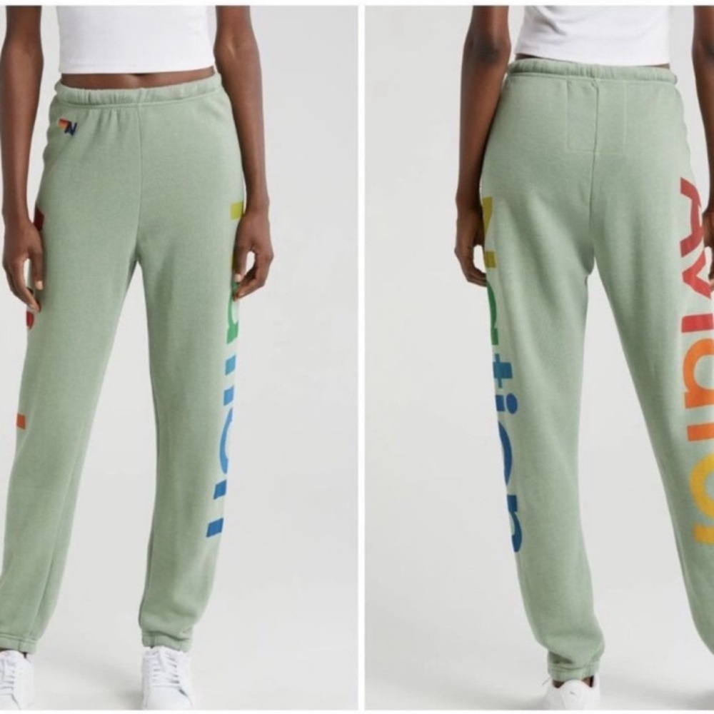 NEW Aviator Nation Rainbow Logo Pants Joggers Sweatpants in Sage Green L